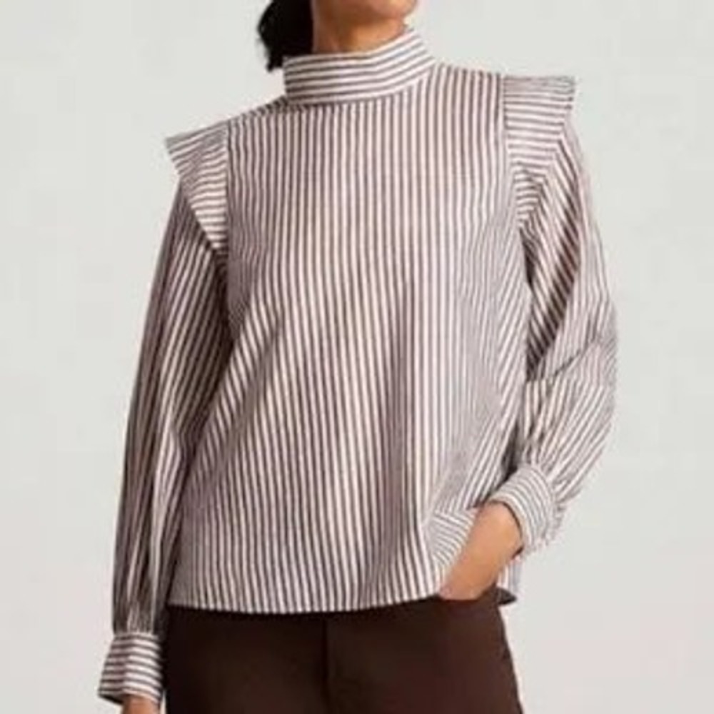 Everlane Brown White Striped Mock Neck‎ Ruffle Shoulder Blouse Size 6 Cotton